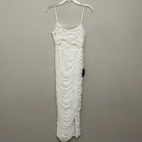 NEW Lulus Toast to Romance White Ruched Pearl Bodycon Midi Dress Sz LARGE - Image 10