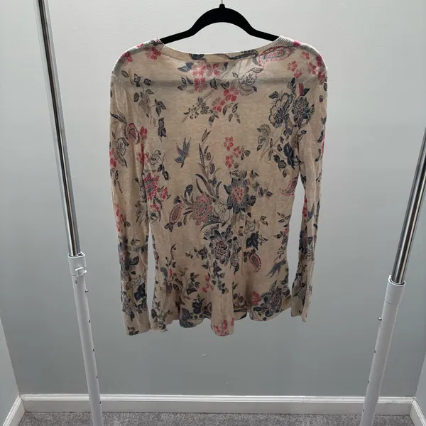 LOFT Beige Floral Print Long Sleeve Cotton Lightweight Knitted Sweater - Image 6