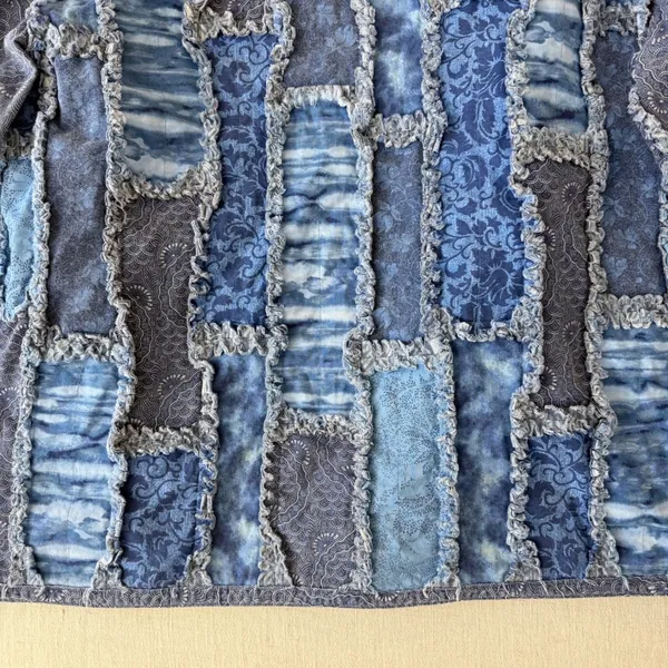 Handmade Patchwork Jacket Women L Blue Quilted Rag Style Artisan Boho Chore Coat - Image 9