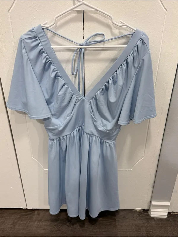 NWOT Halara Blue V Neck Tie Back Babydoll Short sleeve Dress - Image 5