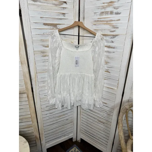 NWT BALTIC BORN Women's Med Ines Smocked Peplum Top White Fairy Romantic - Image 7