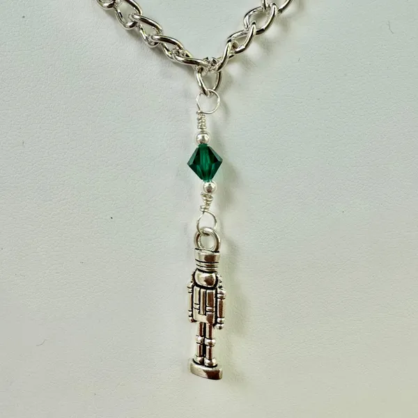 Hand Crafted Antique Silver Toy Soldier with Green Crystal Chain Necklace - Image 4