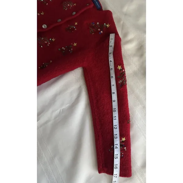 Karen Scott Red 100% Wool VintageCardigan Sweater Sequin Embroidered Tree M Crew - Image 8