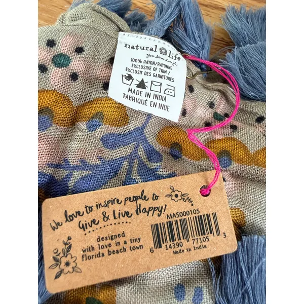 Natural Life Floral Tassel Scarf Boho Lightweight Rayon Wrap Tan Blue NEW - Image 3