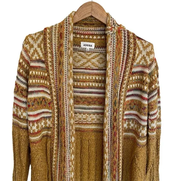 Bohemian Longline Knit Cardigan With Fringe Tassel Hem Southwestern Aztec Print - Image 5