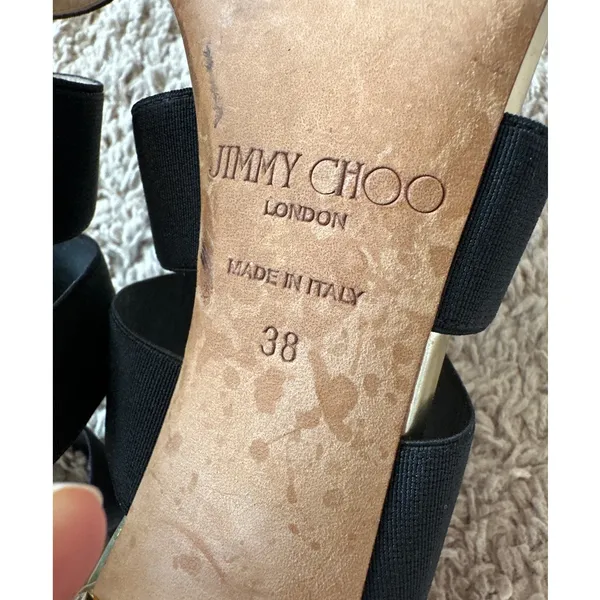 Jimmy Choo Dario Black Ladder Strap‎ Gold Heel Sandals Size US 8, IT 38 - Image 12