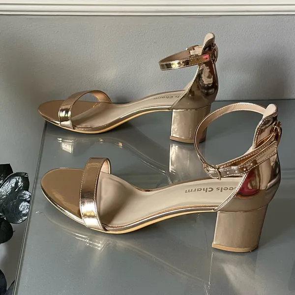 Heels Charm Gold Block Heel Sandals Size 10 - Image 4