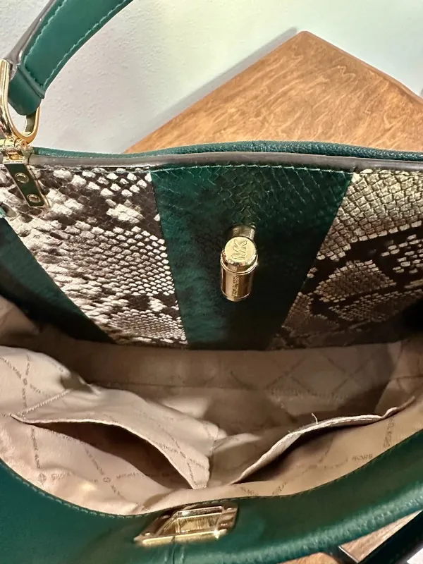 Michael Kors Penelope Large Emerald Green Leather Snake Print Satchel - Image 4