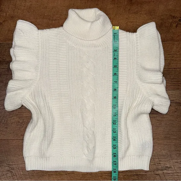Elegant Off-White/Ivory Cable Knit Ruffle Sleeve Turtleneck Sweater - Image 13
