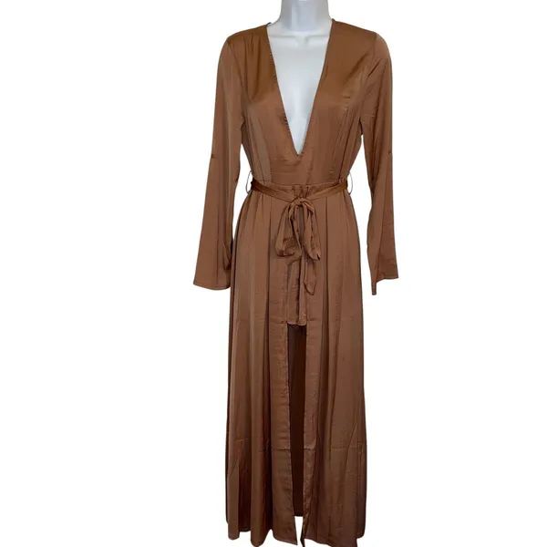 SELFIE LESLIE Rose Dust Pink L/S Maxi Romper Dress with Tie NWT ‎ Size Large - Image 2