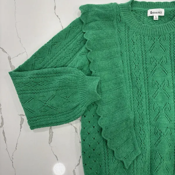 &Merci Sweater Womens Size Large Green Ruffles Pointelle Long Sleeve - Image 3