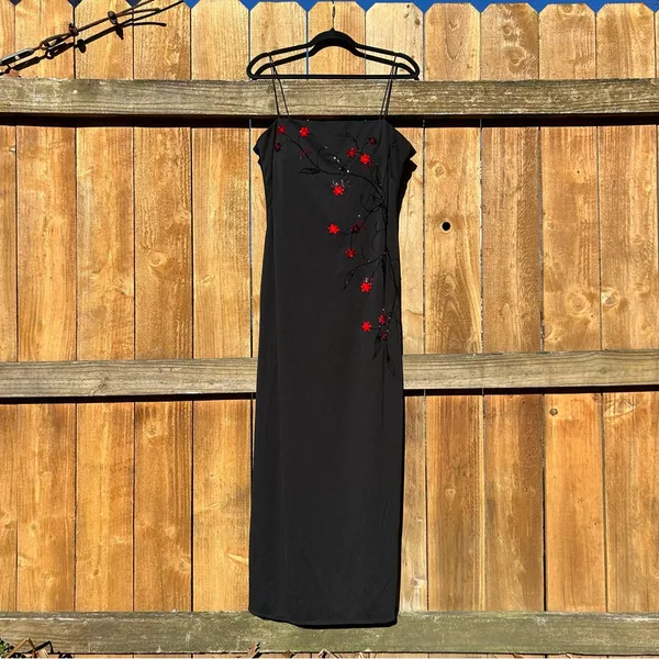 Vintage 90s/Y2K Goth Fairy Embellish 3D Flowers Spaghetti Strap Maxi Dress Sz 14 - Image 3