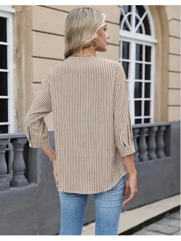 NEW Cotton Linen 3/4 Sleeve Button Down V Neck Pleated Shirt Top L - Image 2