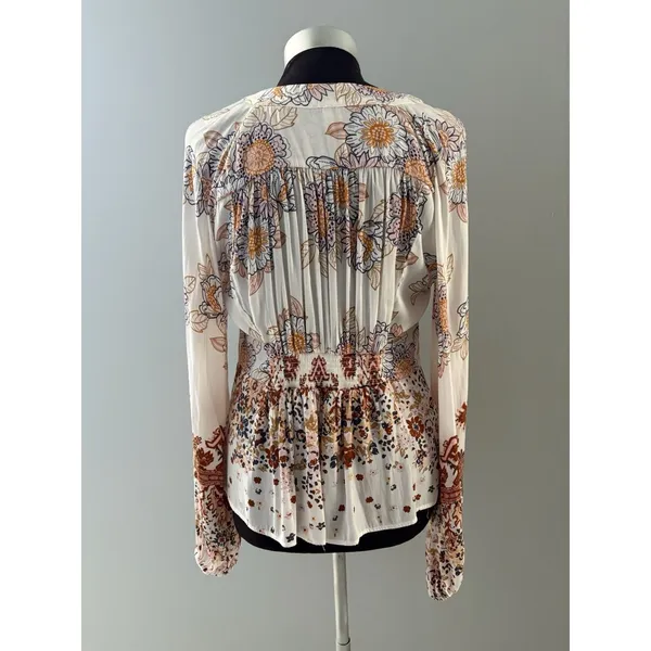 Free People Blouse Womens M White Floral Run Free Balloon Sleeve Tie Front Silky - Image 5