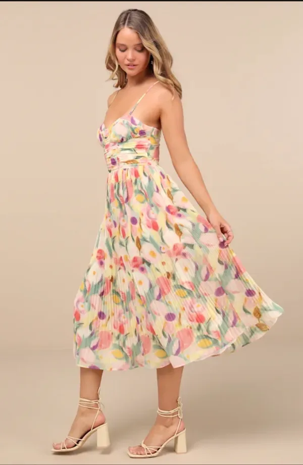 Lulus Aleyna Yellow Abstract Pleated Lace-Up Bustier Midi Dress - Image 2