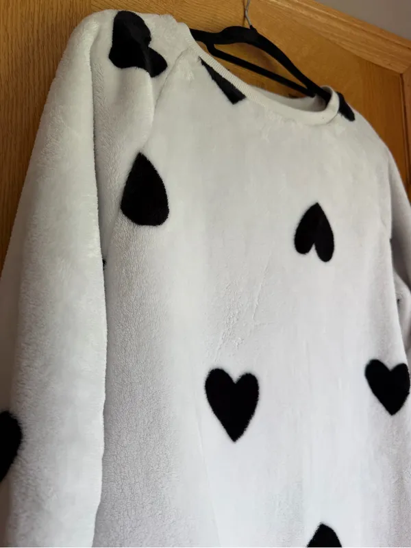 LOFT Faux Fur Plush Heart Crewneck Sweatshirt White Black L Large - Image 2