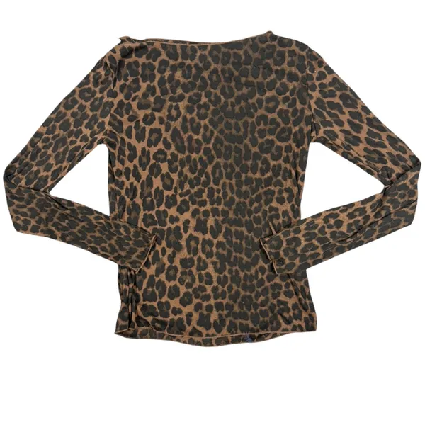H&M Leopard Print Top Womens Medium Brown Long Sleeve Boat Neck Stretch Fitted - Image 6