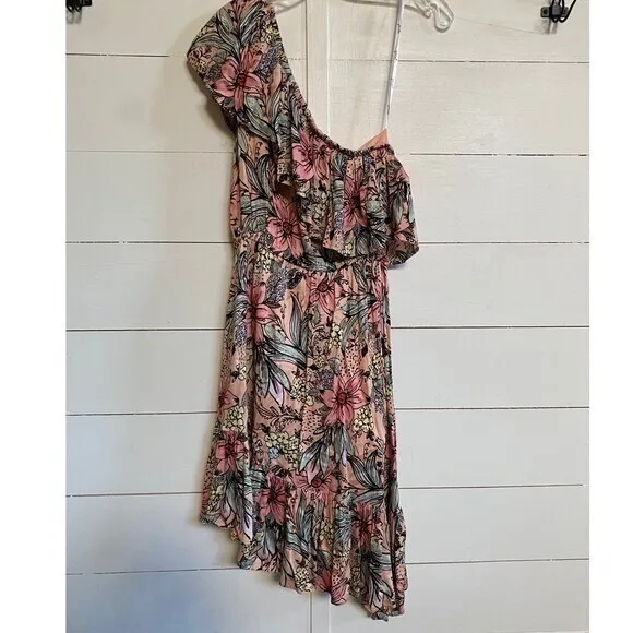 MINKPINK Womens Pink Floral One Shoulder Asymmetric Ruffle Mini Dress‎ Size S - Image 11