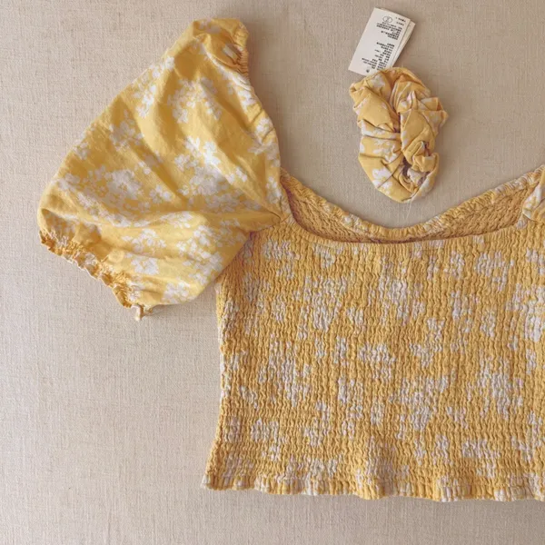 Abercrombie & Fitch Smocked Floral Puff Sleeve Top Women Large Yellow - Image 4