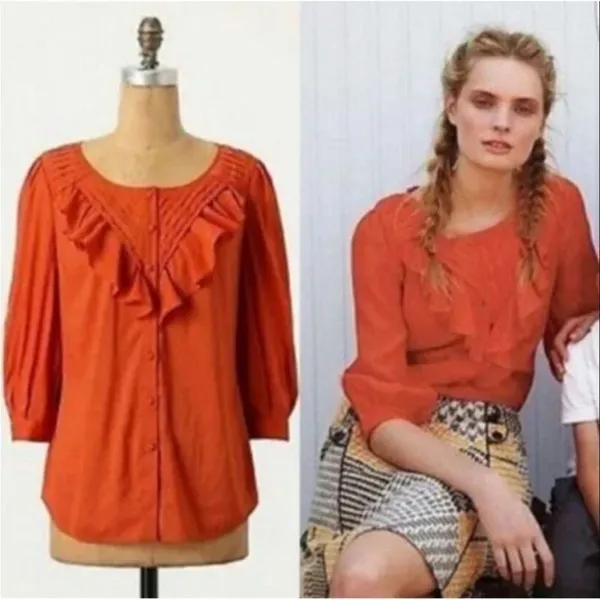 Maeve | Anthropologie Boho Nicoleta‎ Orange Ruffled Peasant Blouse size 4 - Image 2
