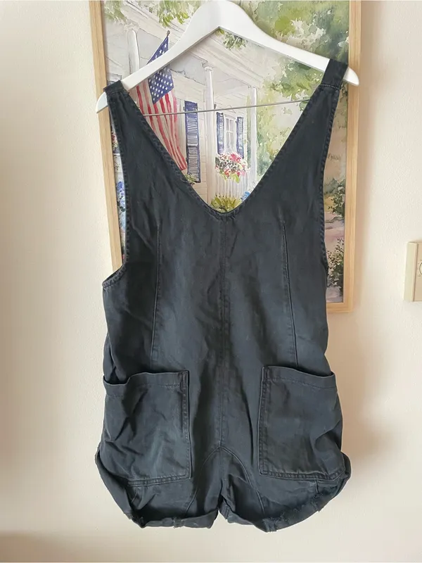 Free People We The Free Black High Roller Denim V-Neck Shortalls Overalls XS - Image 5