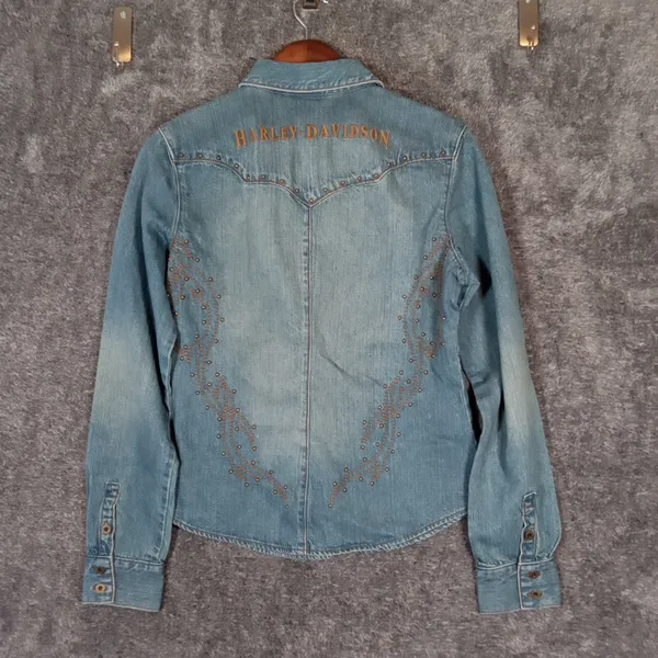 Harley-Davidson Blue Embroidered Button-Down Shirt Denium Costal Womens M - Image 4