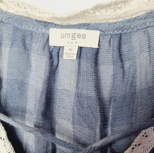 Anthropologie Umgee plaid tassel tie vneck lace blue checkered country Top Sz M - Image 6