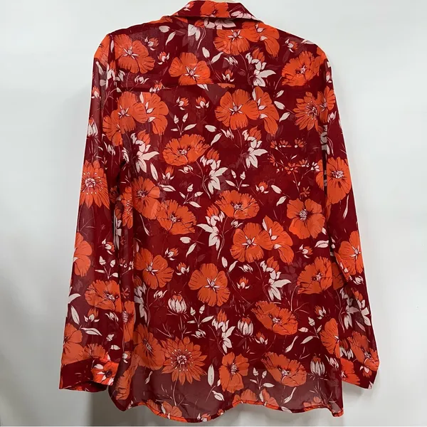 Cabi size M hot house red Orange blouse sheer floral button up long sleeve top - Image 2