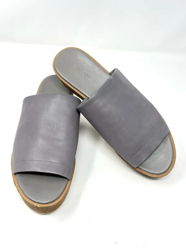 Vince Saskia Truffle Gray Leather Stacked Wood Platform Slide Sandals EU 40 US 9 - Image 9