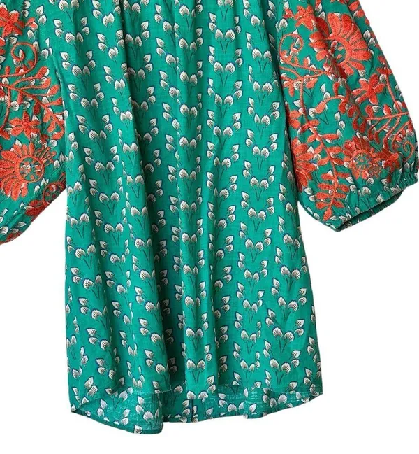THML Verde S Mock Neck Embroidered floral Puff Sleeve Green blouse - Image 7