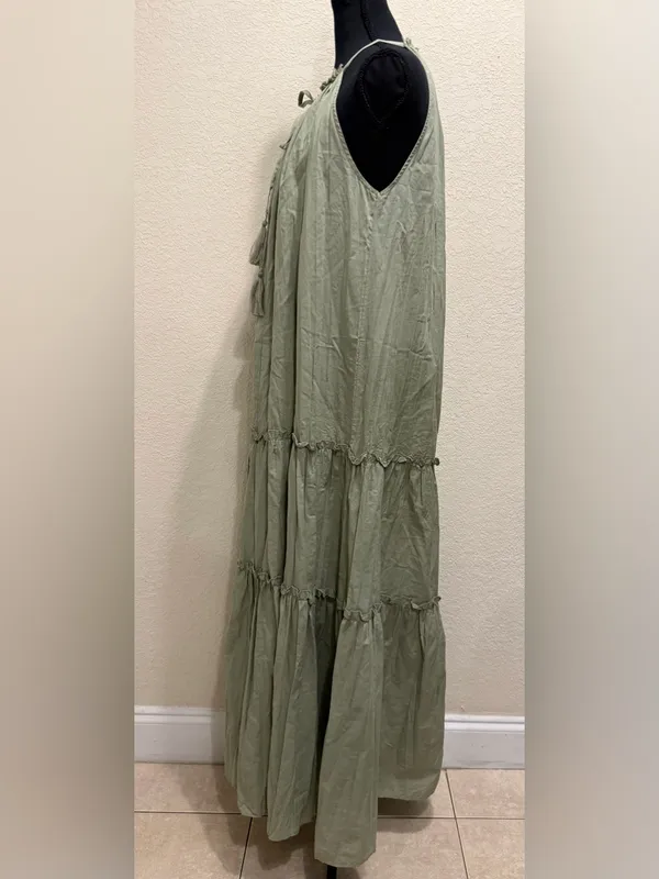 Zara Tiered Maxi Dress Halter Tassel Open Back Boho Resort Vacation XS Sage - Image 5