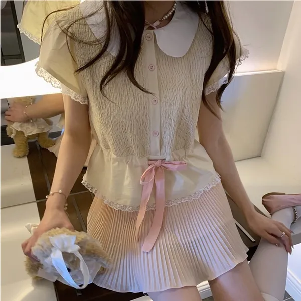 Pastel Yellow Japanese Kawaii Ballet Cottage Pink Ribbon Button Down Shirt Top - Image 4