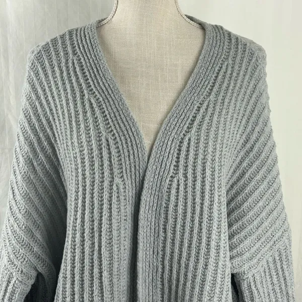 SHEIN Gray Balloon Sleeve Open Front Cardigan Sweater Large Knit Cozy EUC - Image 4