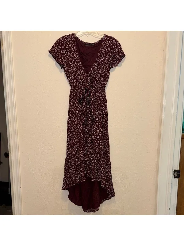Abercrombie & Fitch Burgundy Floral Ruffle Hem Midi Dress - Image 3