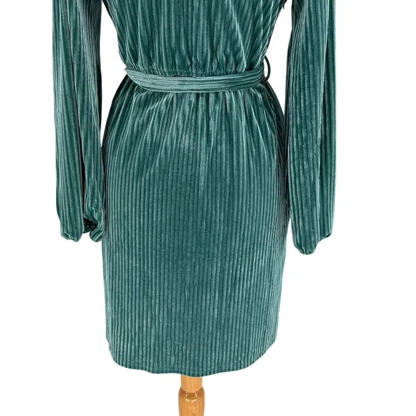 MEROKEETY Teal Ribbed Velvet Wrap Dress Long‎ Sleeve Tie Waist Size Large - Image 9