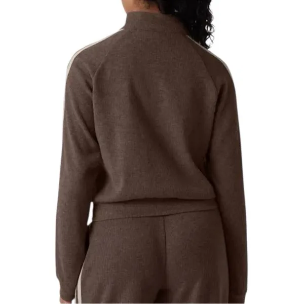 Halara Brown Ribbed Stand Collar Zip Track Jacket with Taupe Stripes NWOT M - Image 7