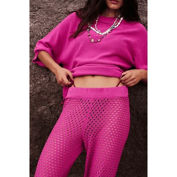 Free People Beach Sola Fiji Hot Pink Open Knit Wide Leg Pants Medium NWOT - Image 10