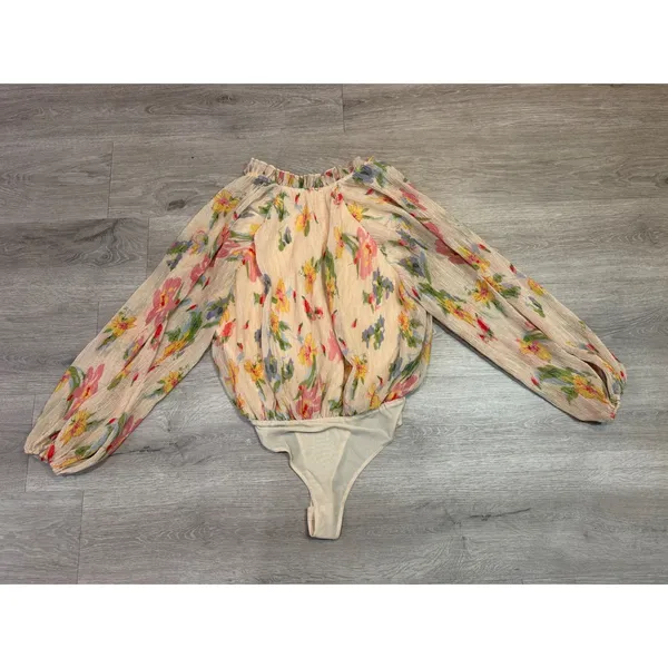 Entro Floral Chiffon Bodysuit Small Ruffle Neck Balloon Sleeve Cottagecore - Image 3