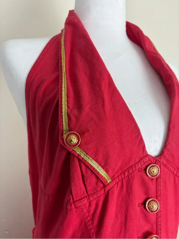 Vintage 90s Karen Alexander red w gold braid and buttons halter dress full skirt - Image 4