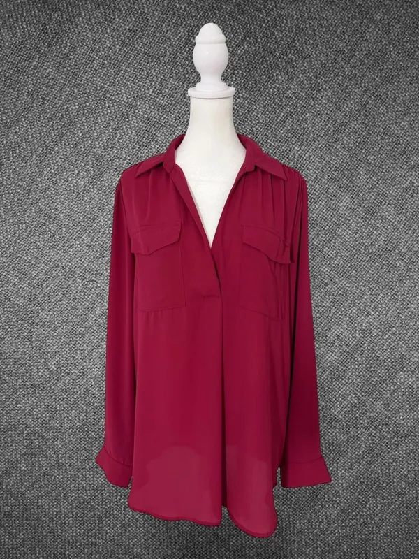 Ann Taylor Women’s Medium Magenta Long Sleeve Collared Polyester Blouse - Image 2