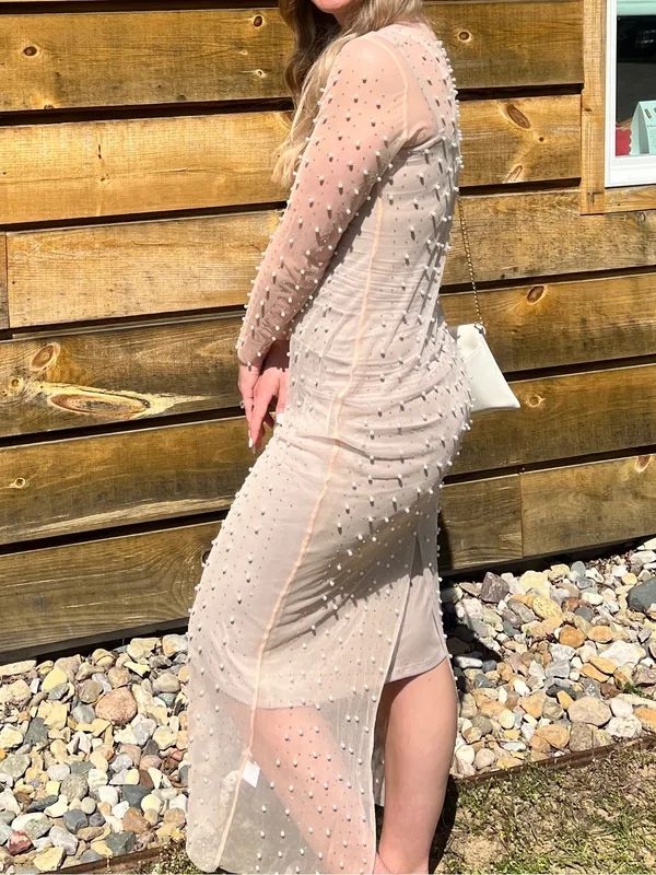 Sheer Beaded Long Sleeve Maxi Dress in Nude/Pearl - Image 3