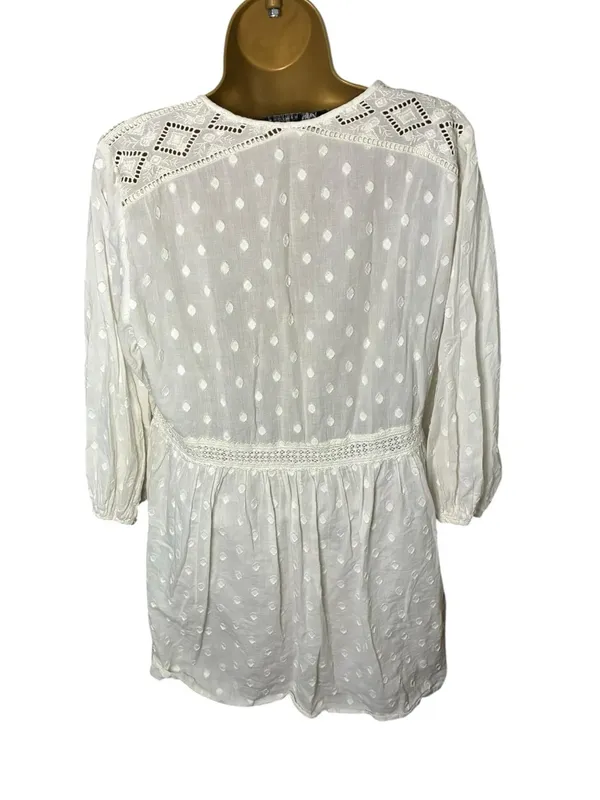 Zara White Swiss Dot Embroidered Lace Boho Babydoll Tunic Dress Medium - Image 5