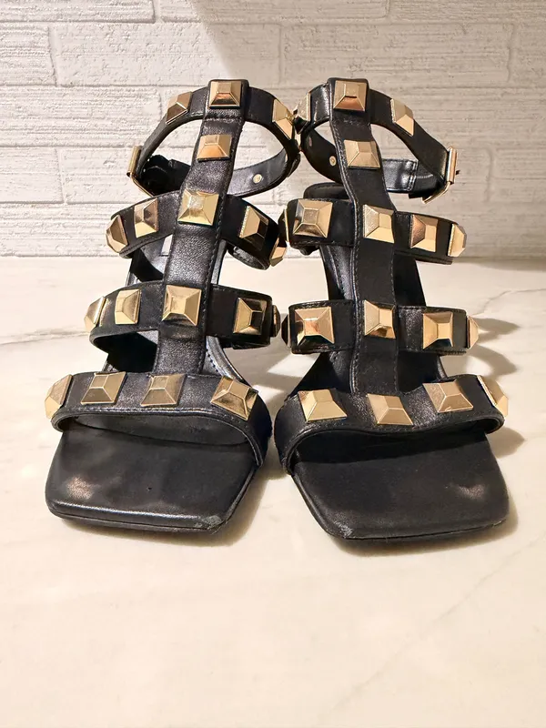 Rock Stud Heeled Sandals Gladiator Strappy Elevated Mob Wife Edgy Rocker Chic - Image 2