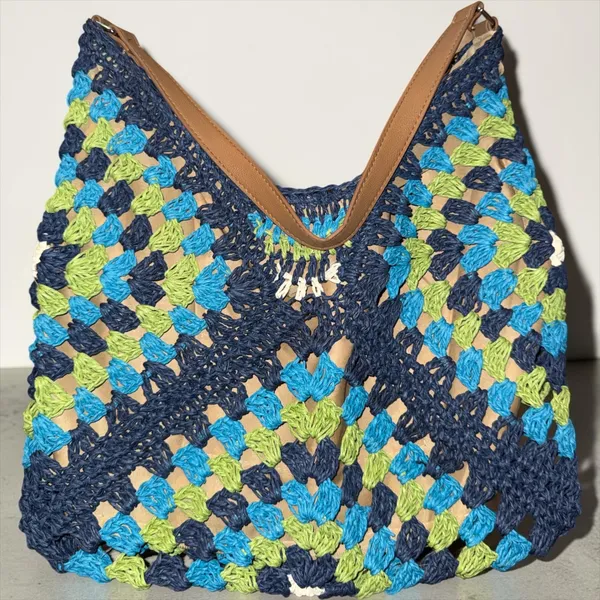 Boho Crochet Granny Square Shoulder Bag Blue Green Woven Hobo Tote Magnetic Snap - Image 2