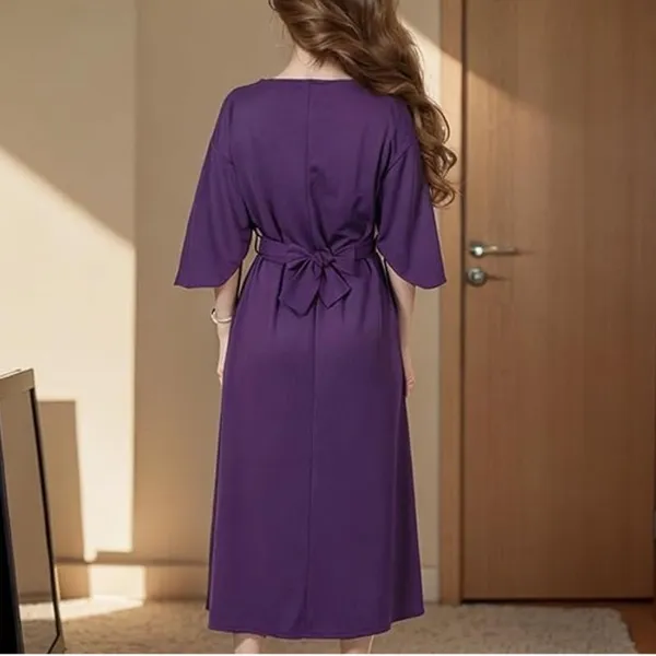 NWT ~ Elegant Purple Midi Dress Wide Bell Sleeves & Belted Waist ~ Women's XL - Image 3
