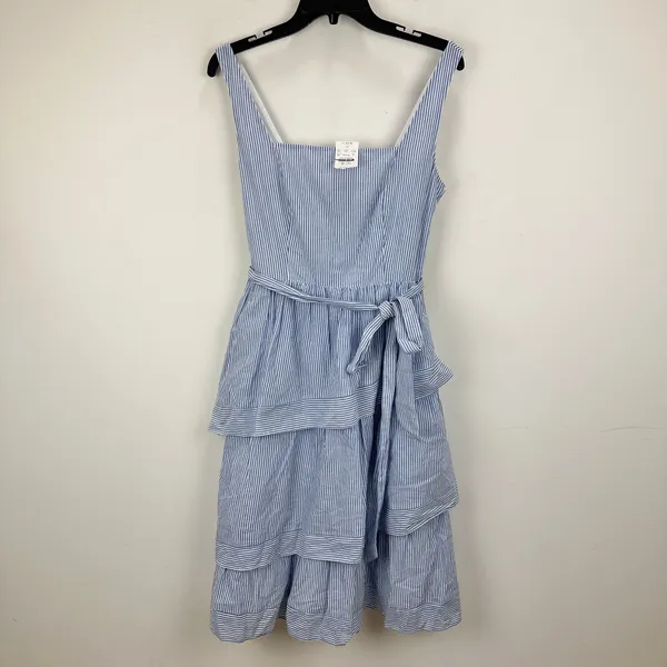 J.Crew Striped Sleeveless Belted Tiered Dress White Banker Blue Retro US 6 NWT - Image 4