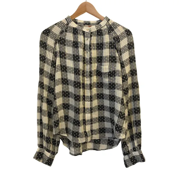 Anthropologie Pilcro Puff Sleeve Button Top M Gingham Plaid Wool Blend Cottage - Image 3