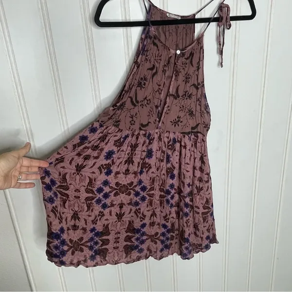 FREE PEOPLE Sleeveless Keyhole Boho Mauve Floral Babydoll Swing Slip Dress 882 - Image 8