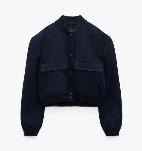 ZARA Casual Bomber Jacket Coat Navy Blue Cropped Blogger - Image 3