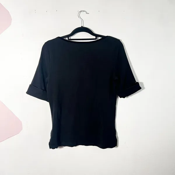Lauren Ralph Lauren‎ Black Boat Neck Top Women's Large Velvet Trim Luxury - Image 2